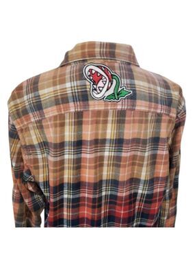 Upcycled Distressed Flannel with "Fire Piranha" Embroidered Patch Large